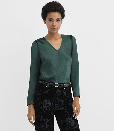 Satin Puff Sleeve V-Neck Top