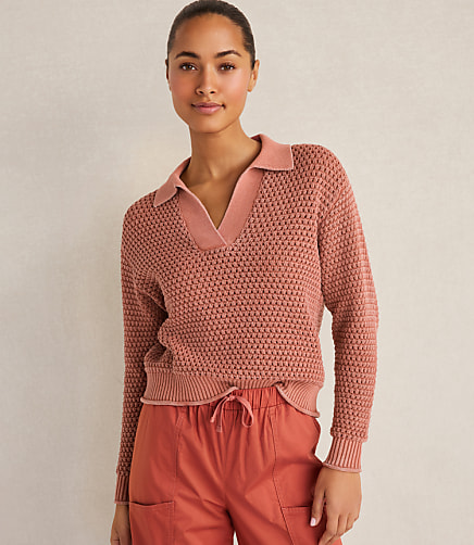 Haven Well Within Cotton Wave Stitch Johnny Collar Sweater - Hibiscus