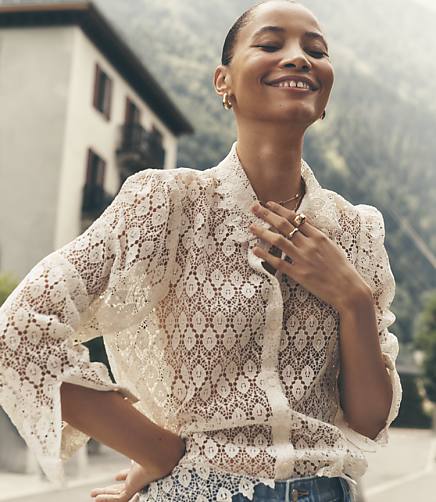 Petite Geo Lace Puff Sleeve Shirt