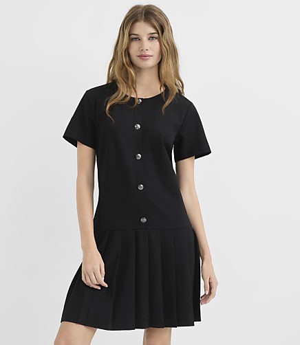 Ponte Button Pleated Mini Flounce Dress