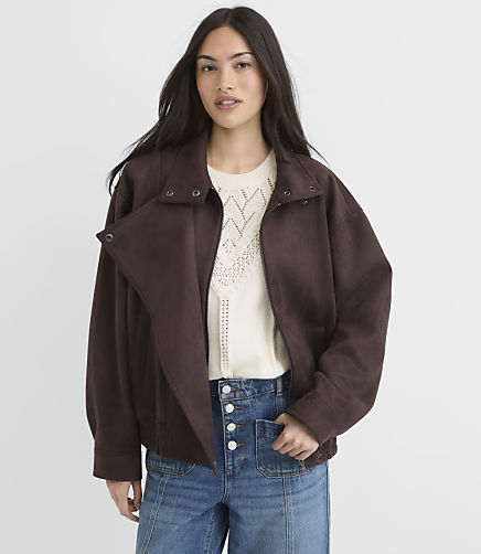 Faux Suede Asymmetrical Bomber Jacket