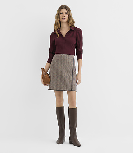 Tall Faux Leather Trim Mini Wrap Skirt in Houndstooth