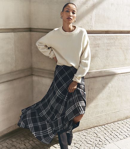 Plaid Scarf Hem Midi Skirt