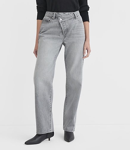 Rivete Curvy Mid Rise Crossover Relaxed Straight Jeans in Mid Grey Wash