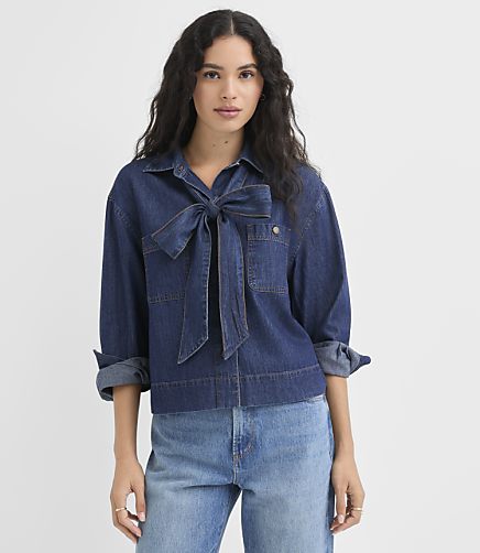 Chambray Tie Neck Shirt in Refined Dark Indigo Wash