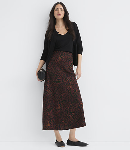 Leopard Print Crepe Bias Midi Skirt