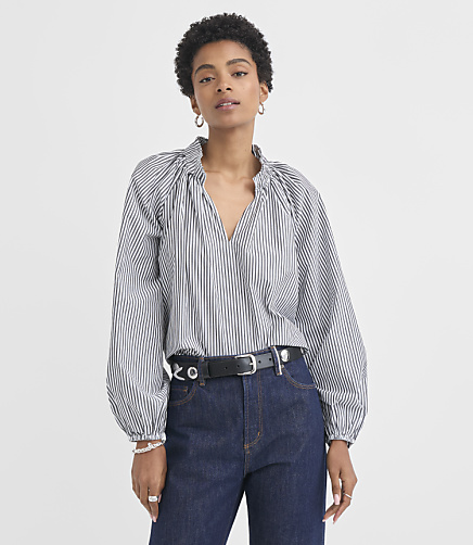 Petite Stripe Poplin Pleated Ruffle Split Neck Blouse