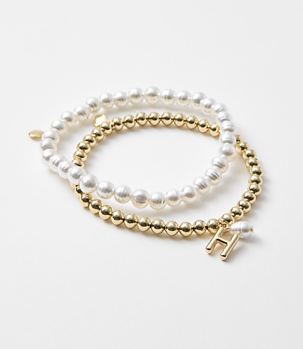 Pearlized Stretch Initial Bracelet Set - Gold Letter H