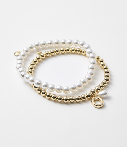 Pearlized Stretch Initial Bracelet Set - Gold Letter O