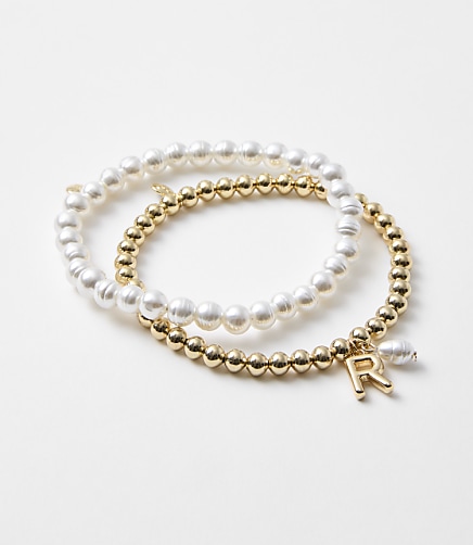 Pearlized Stretch Initial Bracelet Set - Gold Letter R