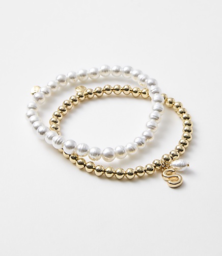 Pearlized Stretch Initial Bracelet Set - Gold Letter S