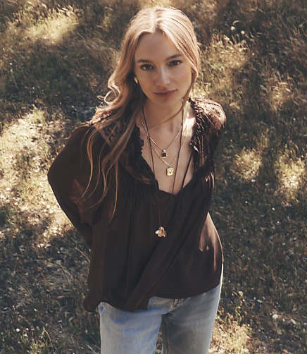 Lace Yoke Tie Neck Blouse