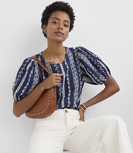 Eyelet Striped Puff Sleeve Top