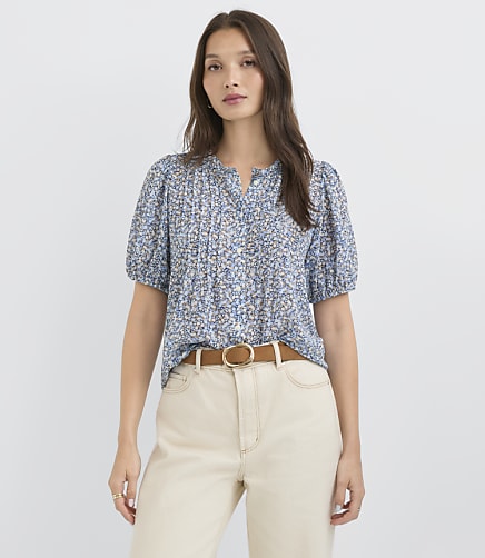 Petite Garden Pintucked Puff Sleeve Blouse