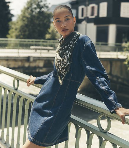 Denim Barrel Sleeve Mini Dress Dark Wash