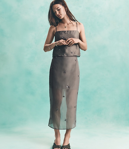 Petite Beaded Sequin Cluster Midi Skirt