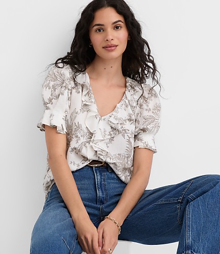Petite Floral Toile Pintucked Ruffle Blouse