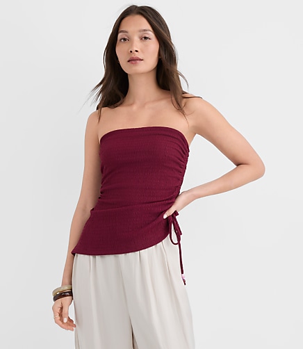 Petite Beaded Ruched Asymmetric Strapless Top
