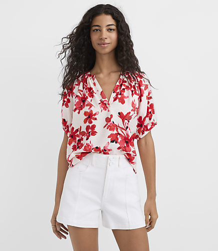 Petite Floral Puff Sleeve Split Neck Top
