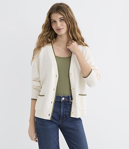 Tipped Saddle Sleeve V-Neck Pocket Cardigan