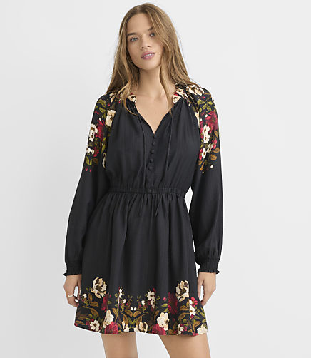 Floral Button Tie Neck Mini Dress