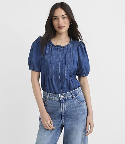 Chambray Pintucked Puff Sleeve Blouse