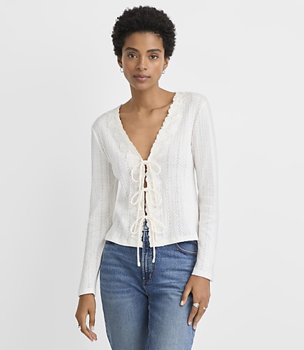 Lace Trim Pointelle Bow Top