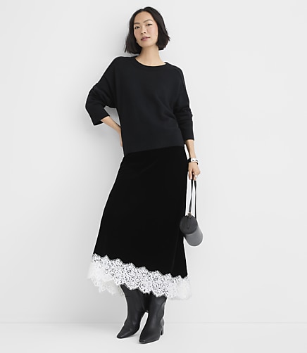 Petite Lace Trim Velvet Bias Maxi Skirt