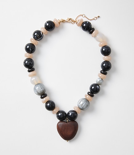 Wood Heart Beaded Statement Necklace