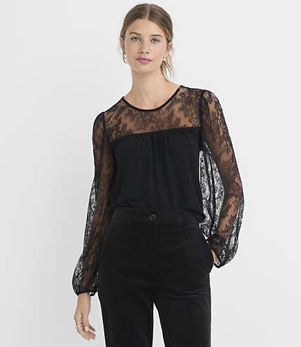 Chantilly Lace Bubble Sleeve Mixed Media Top
