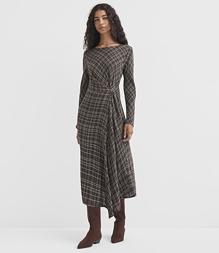 Plaid Side Pleated Midi Dress