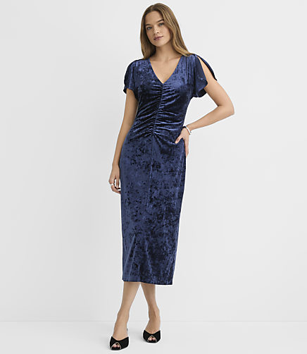 Petite Velvet Ruched V-Neck Midi Dress