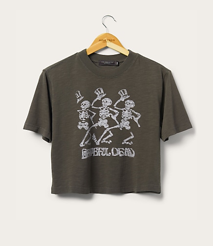 Junk Food Grateful Dead Dancing Skeletons Cropped Mock Neck Tee
