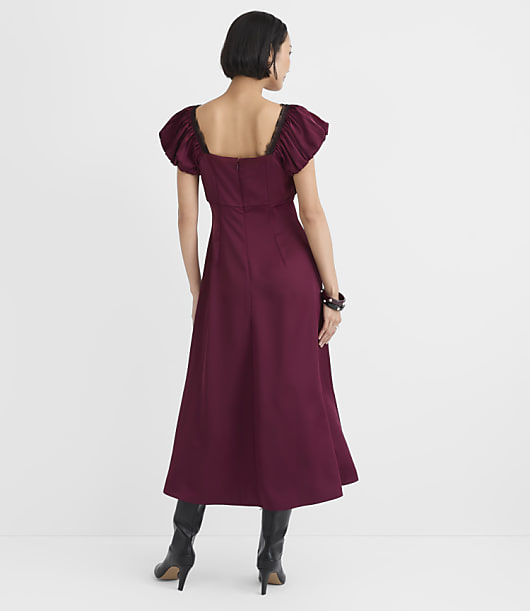 Lace Trim Satin Sweetheart Neck Midi Dress