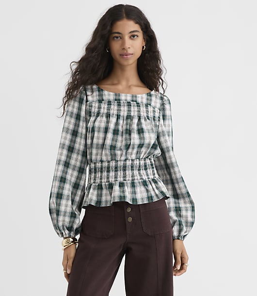 Plaid Smocked Boatneck Top