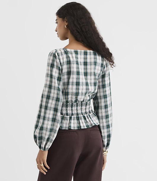 Plaid Smocked Boatneck Top