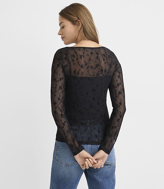 Shimmer Floral Mesh Long Sleeve Top
