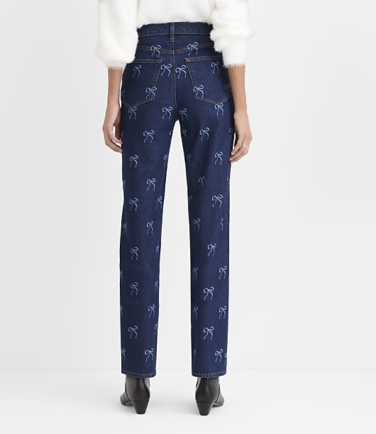 Rivete Curvy High Rise Straight Jeans in Bow Print Classic Mid Wash