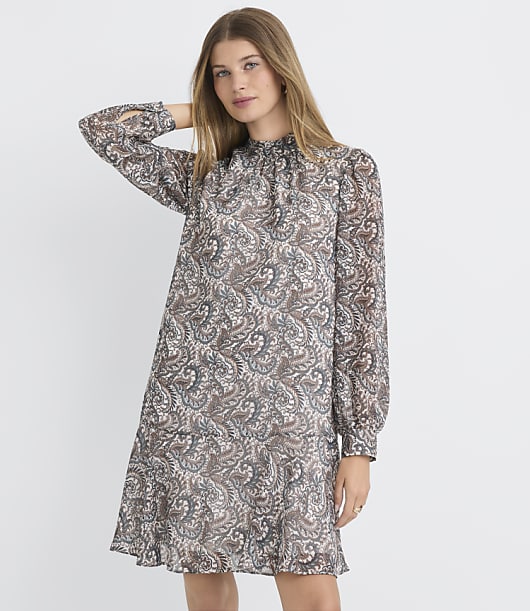 Paisley Tie Neck Mini Flounce Dress