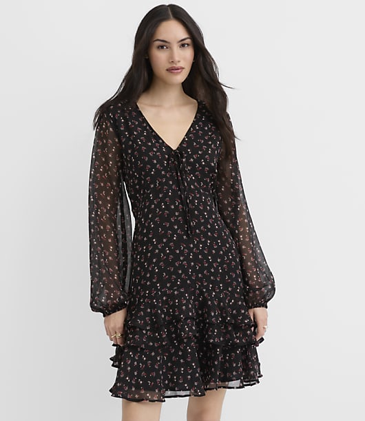 Bouquet Ruffle Tie Neck Mini Dress