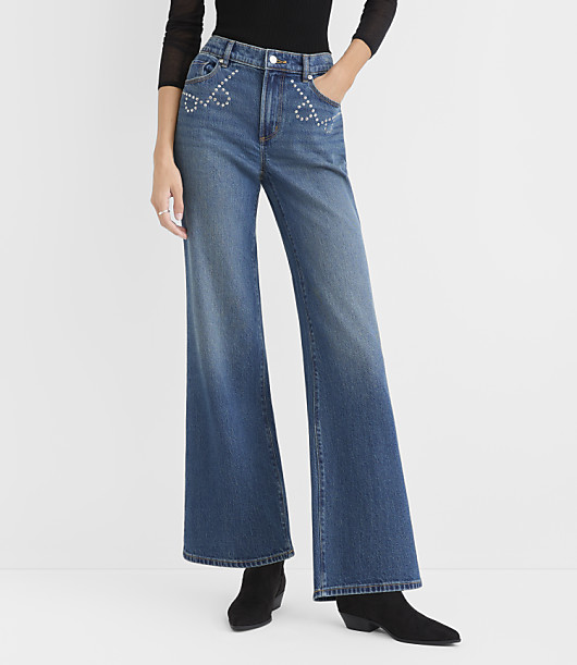 Rivete Petite Studded Mid Rise Loose Flare Jeans Bright Indigo Wash