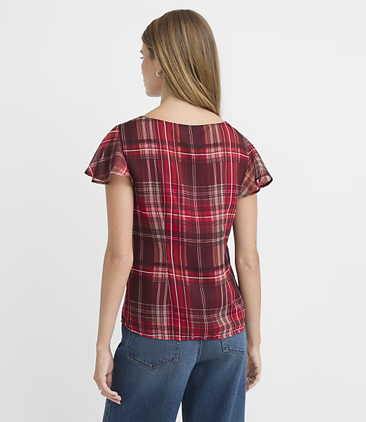 Plaid Seamed Cowl Neck Flutter Sleeve Blouse