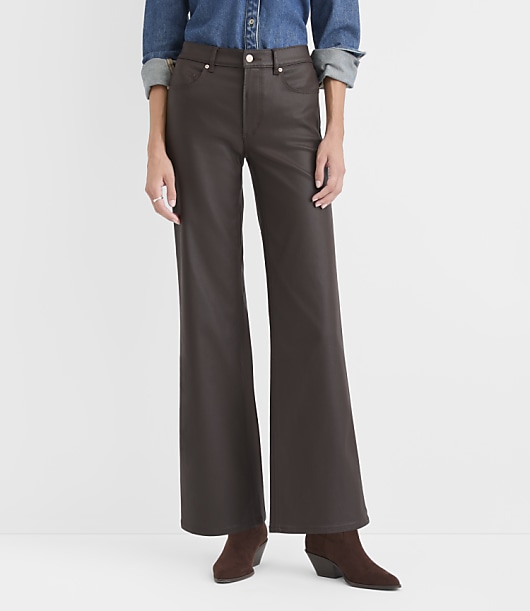 Rivete Petite Coated Mid Rise Loose Flare Jeans in Brown