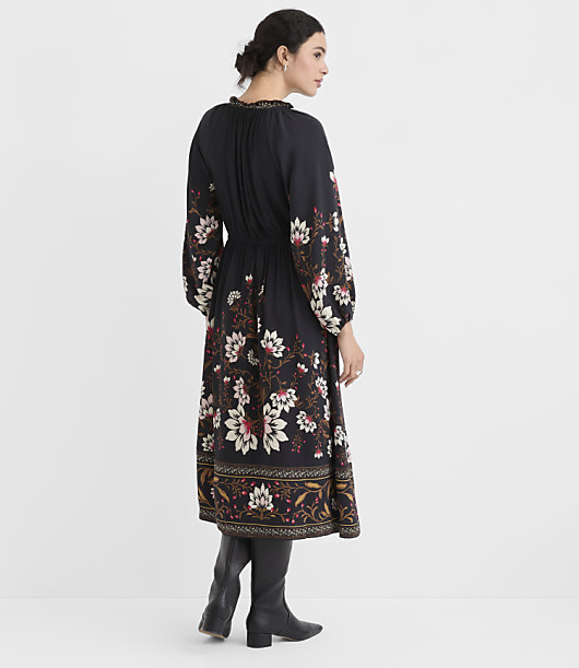 Border Floral Ruffle Neck Midi Dress