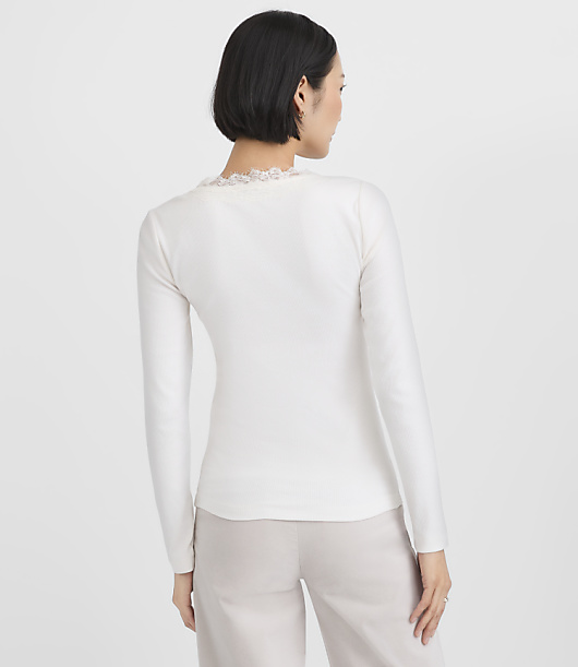 Petite Lace Trim V-Neck Perfect Ribbed Long Sleeve Tee