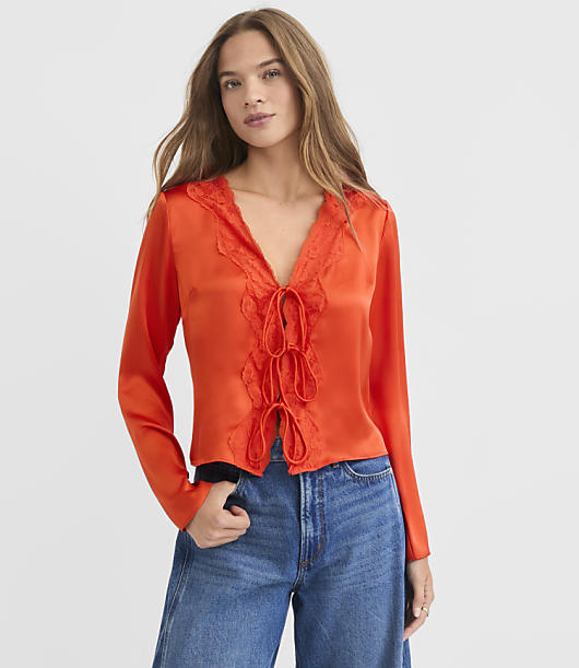 Petite Lace Trim Satin Bow Blouse