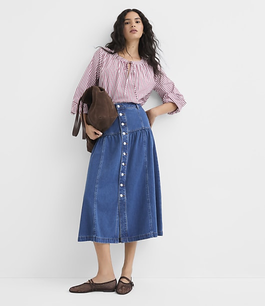 Petite Striped Poplin Tie Neck Blouse