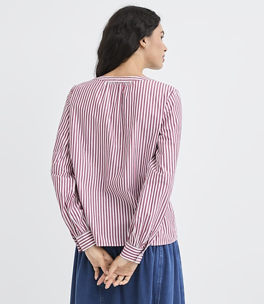 Striped Poplin Tie Neck Blouse