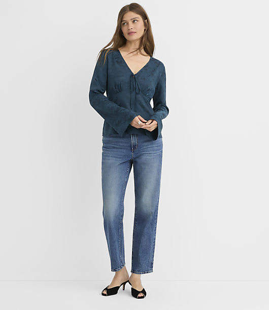 Satin Jacquard Tie Neck Blouse