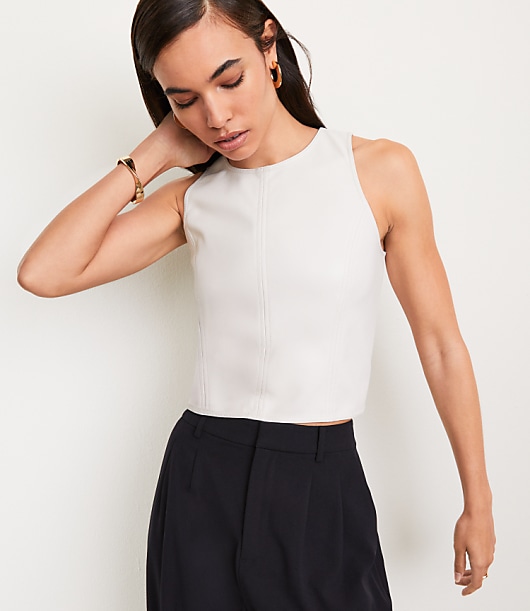 Petite LOFT Versa Topstitched Faux Leather Shell - White Clay